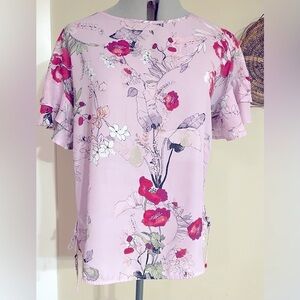 Maurices Floral Blouse Size Medium Ruffled Sleeves Tie Sides Lavender Chiffon
